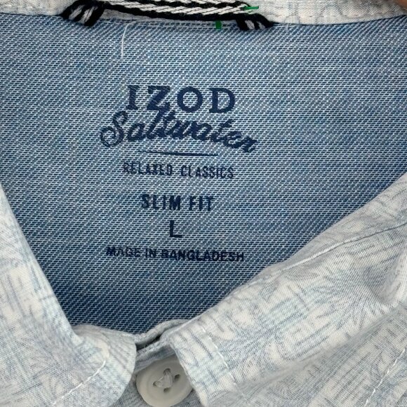 IZOD Saltwater Slim Fit Shirt size Large mens Cotton blend Blue tropical pattern - Picture 5 of 9